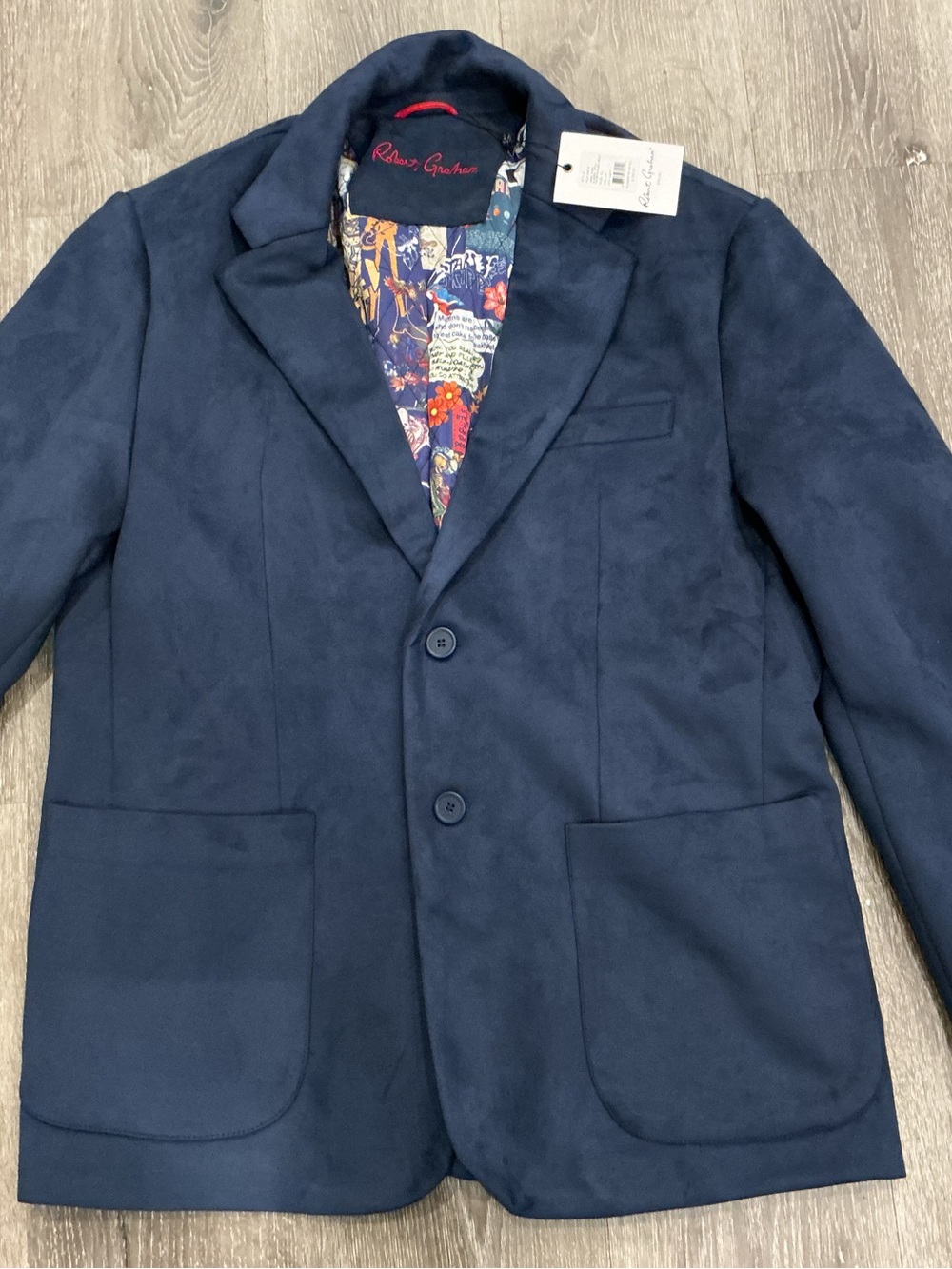 Robert Graham Navy Sueded Patch Pocket Blazer XL Graphic Lining Brand New